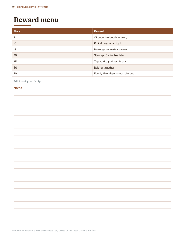 Preview of Printable Reward Menu Chart